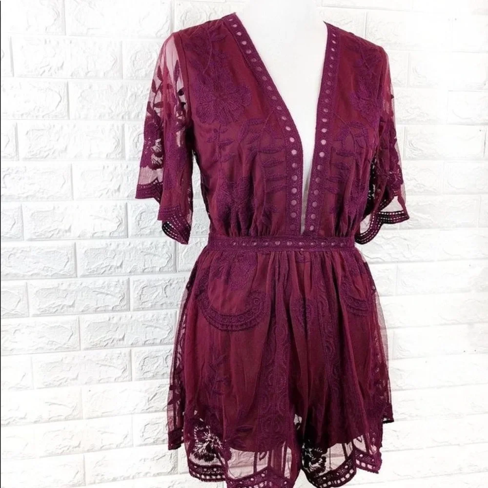 Elegant Burgundy Crochet Lace Romper - Picture 5 of 7